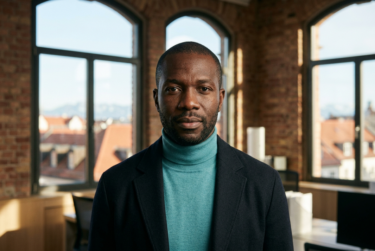AI-generated image: A man in a turquoise roll-neck and dark jacket looks into the camera in a brick office with arched windows over red rooftops and distant mountains.