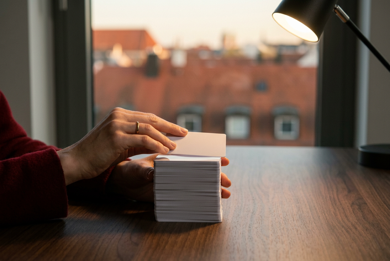 AI-generated image: Hands in a deep red sleeve lift one card from a tall stack of identical blank cards on a dark wooden desk, red rooftops through the window.