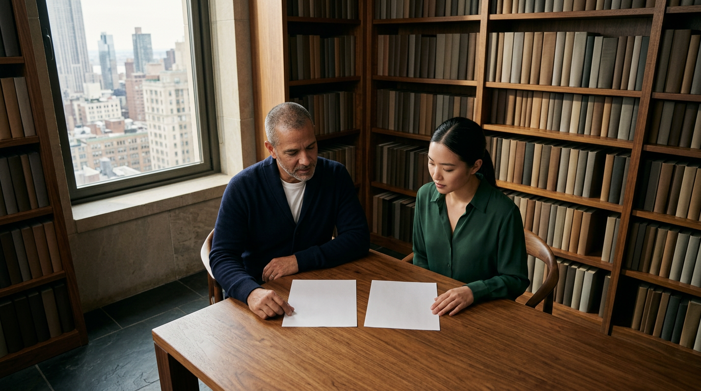 AI-generated image: Two colleagues compare two blank pages side by side at a wooden table in front of tall bookshelves, city towers through the window.