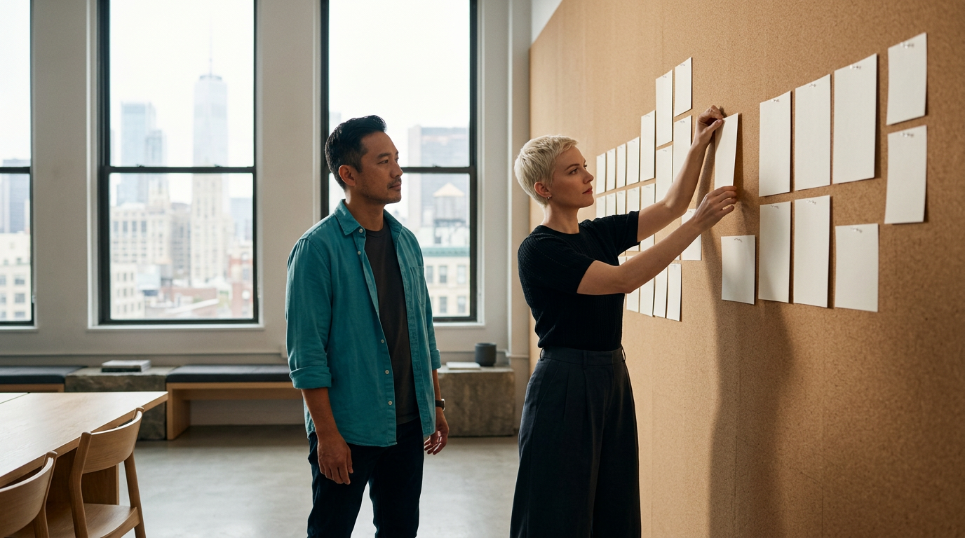 AI-generated image: Two colleagues pin blank cards into a sequence on a tall cork wall, city towers through the tall windows behind them.