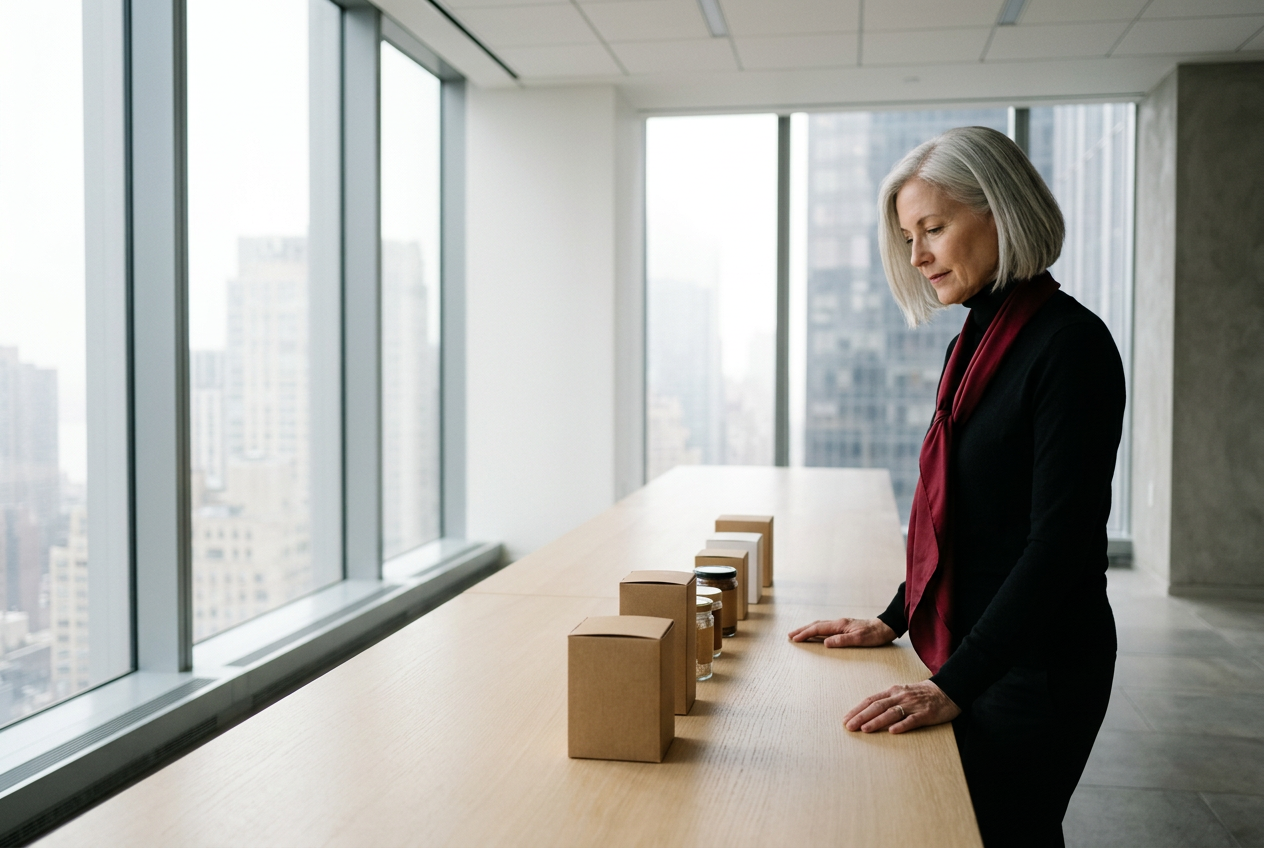 AI-generated image: A silver-haired woman in a black roll-neck and a deep red scarf looks over a row of plain boxes and jars on a long pale table, city towers through the tall windows.