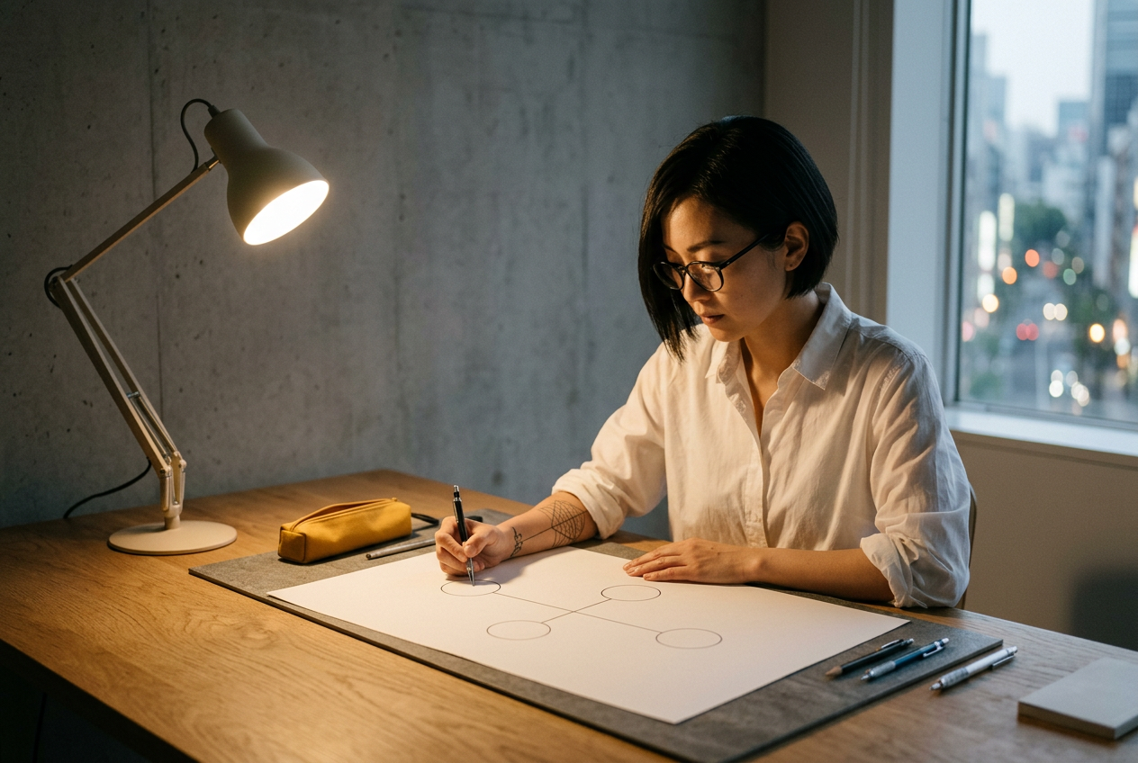 AI-generated image: A woman with glasses draws circles joined by lines on a large blank sheet by lamplight, a mustard pencil case beside her and city lights in the window.