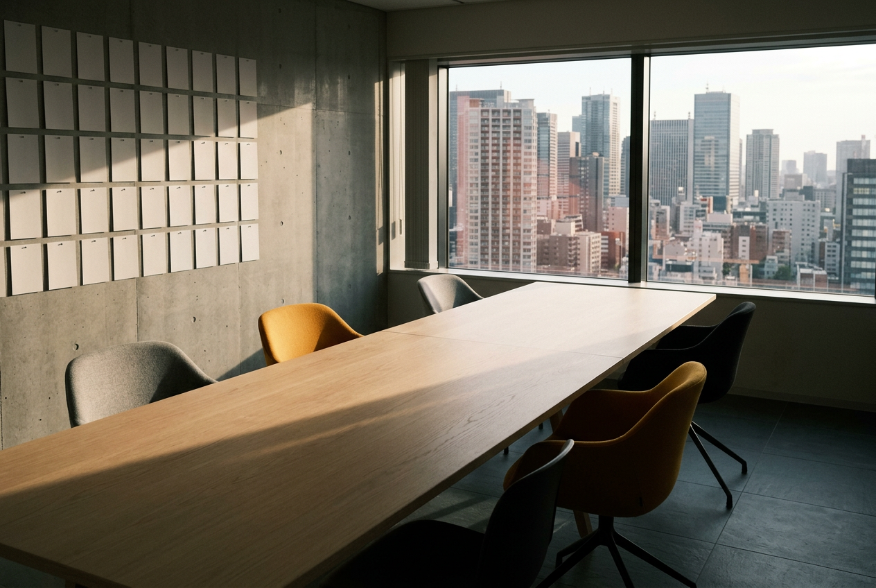 AI-generated image: An empty meeting room after a session: a long oak table, chairs at angles, a grid of blank cards on the concrete wall and city towers through a wide window.