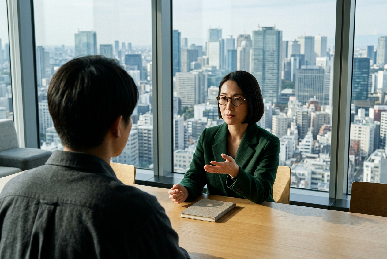 AI-generated image: In a meeting room high above a city of towers, a woman in a green jacket and round glasses makes a point to a colleague seen from behind.