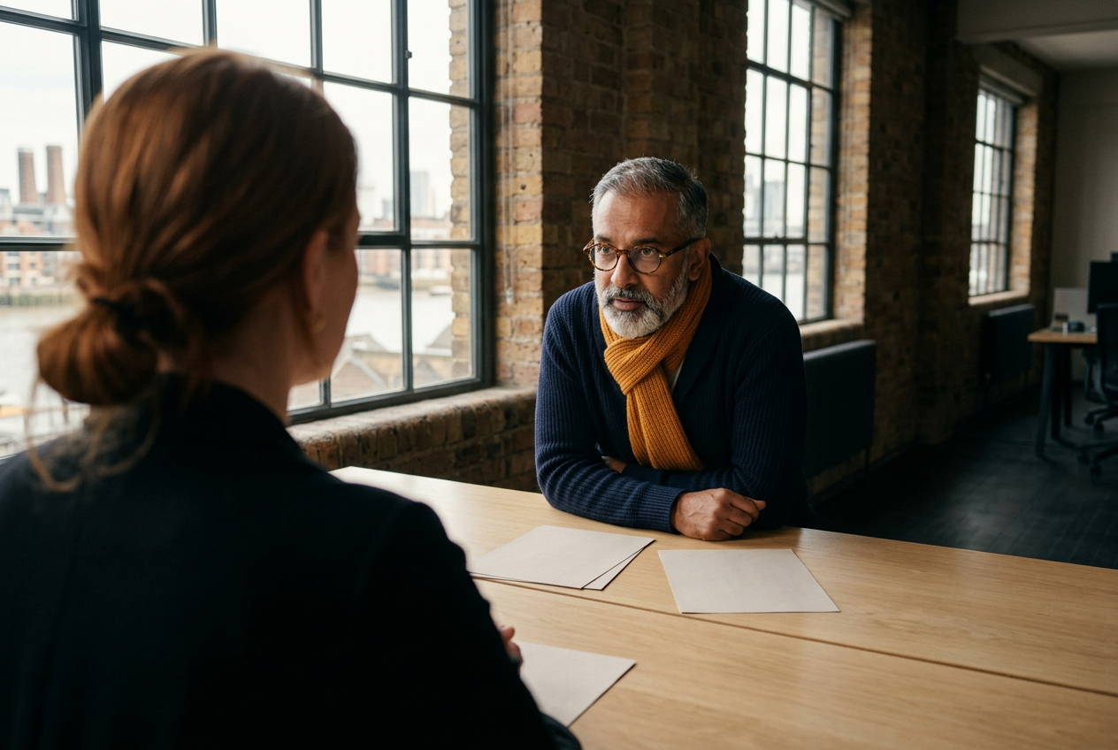 AI-generated image: Across a long wooden table in a brick office by a river, a grey-bearded man in a mustard scarf listens closely to a colleague seen from behind.