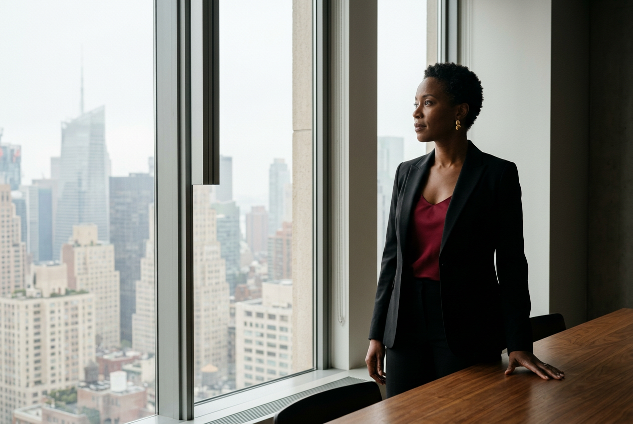 AI-generated image: A woman in a black jacket and deep red top stands at a tall window high above the city's towers, one hand resting on a long wooden table.